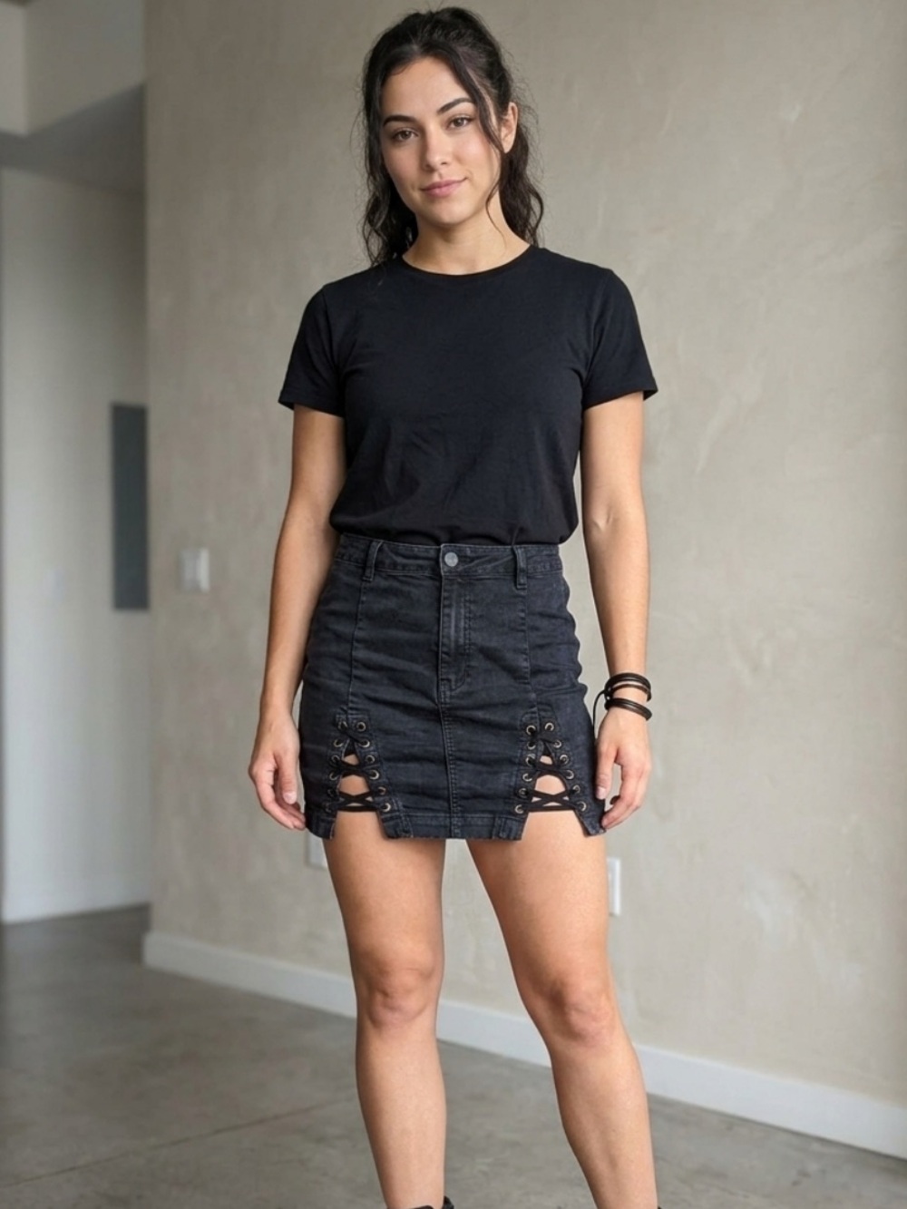 Streetwear Society Black Lace-Up Denim Mini Skirt
